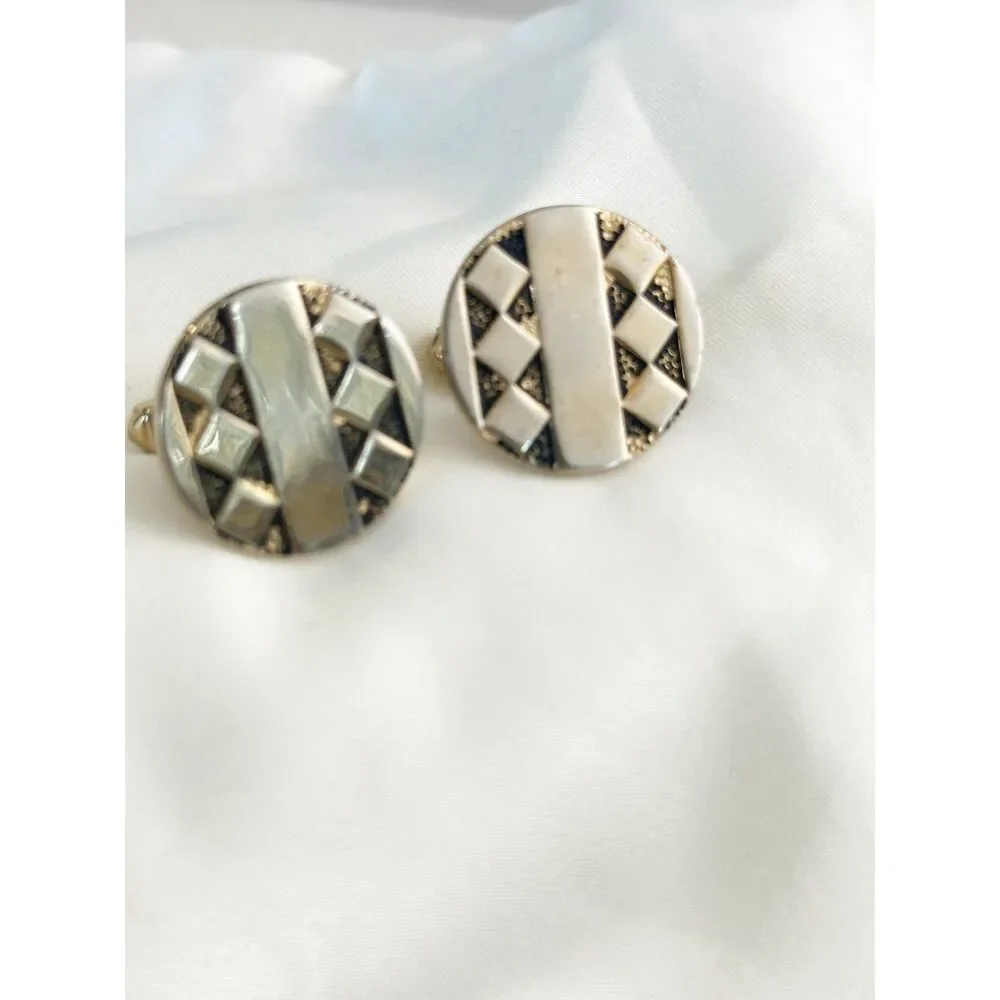 Vintage Round Cufflinks Diamond Design Light Gold Tone MCM Retro
